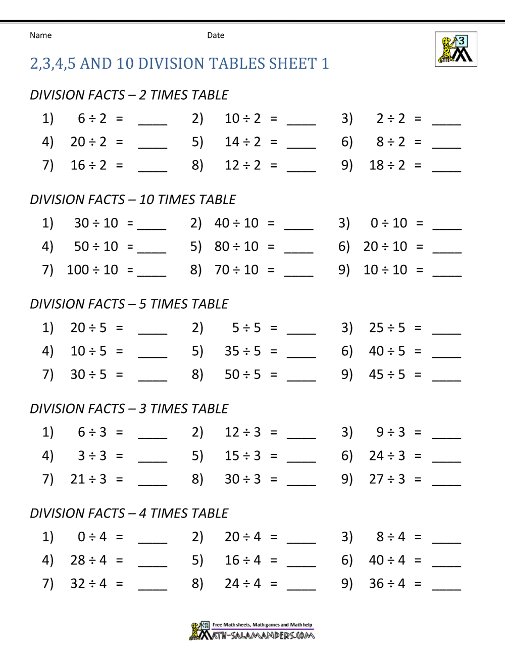 90 Free Printable Division Chart 12