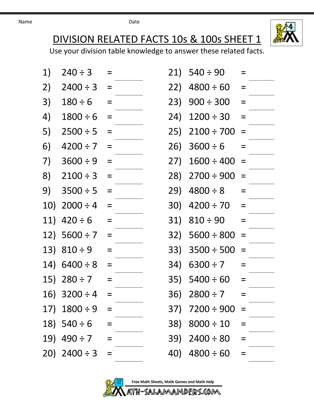 90 Free Printable Division Chart 8