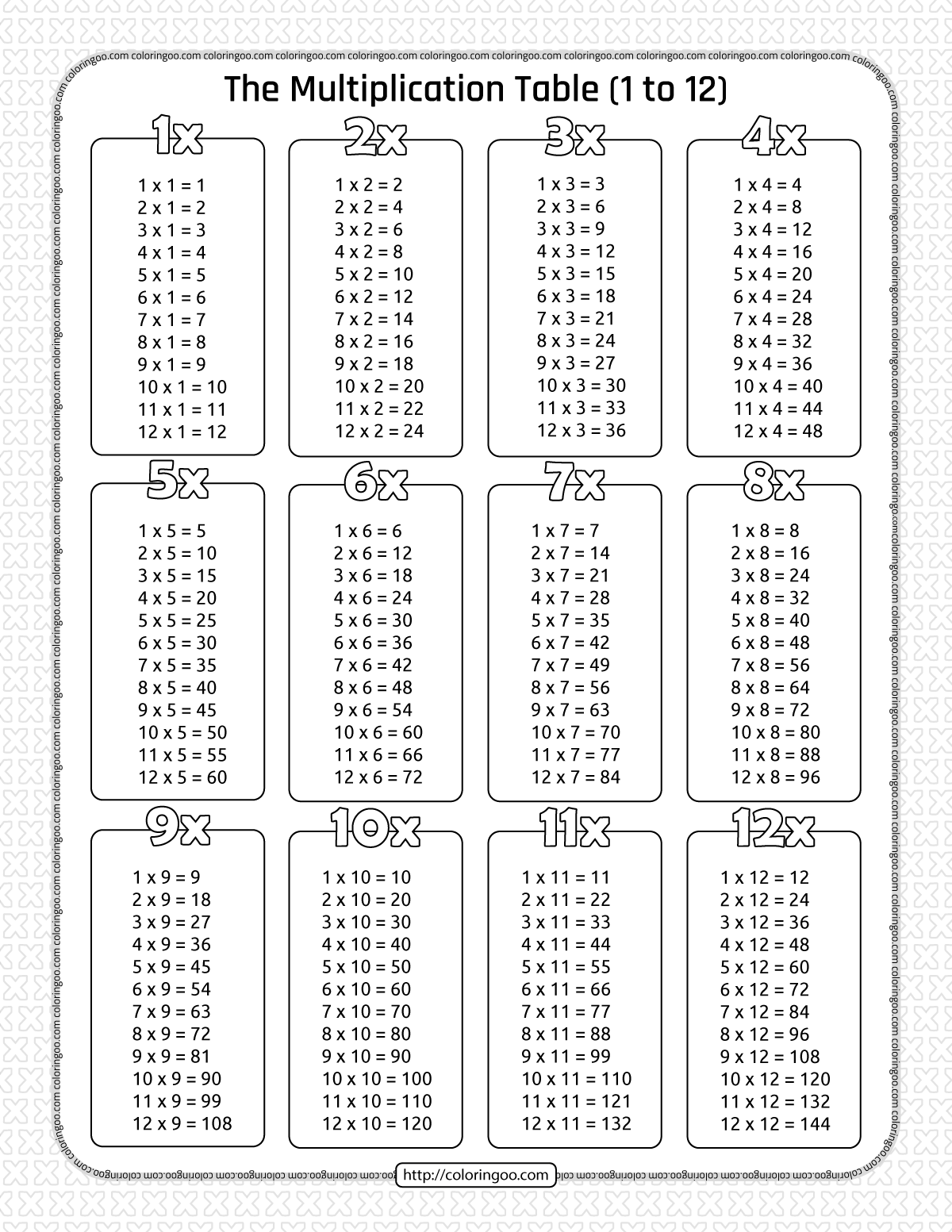 90 Multiplication Chart Printable 1 10 91