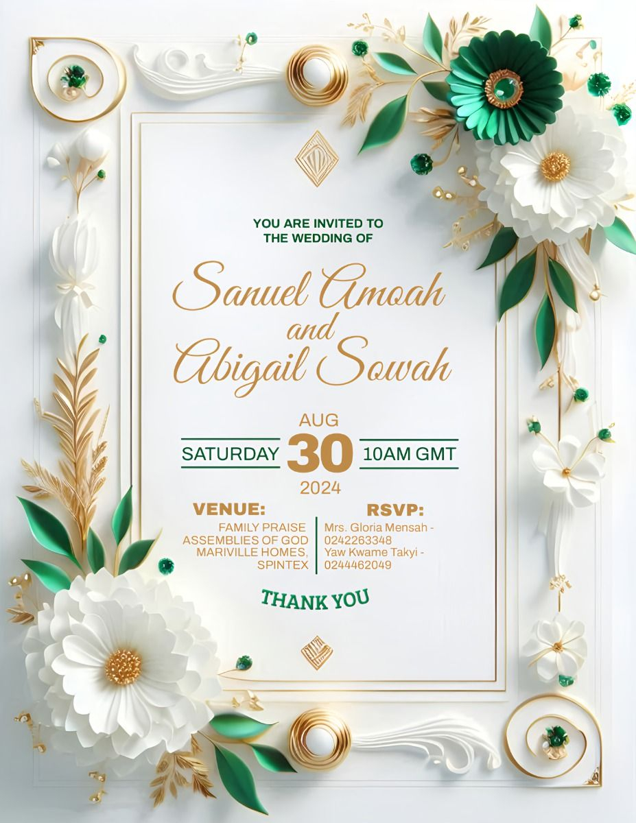 White Emerald Green and Gold Floral Wedding Invitation